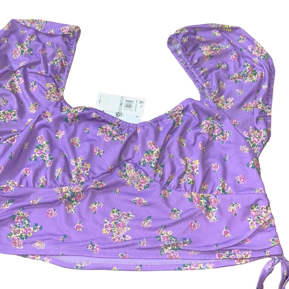 love, Fire Purple Floral Puff Sleeve Top, Size 1X